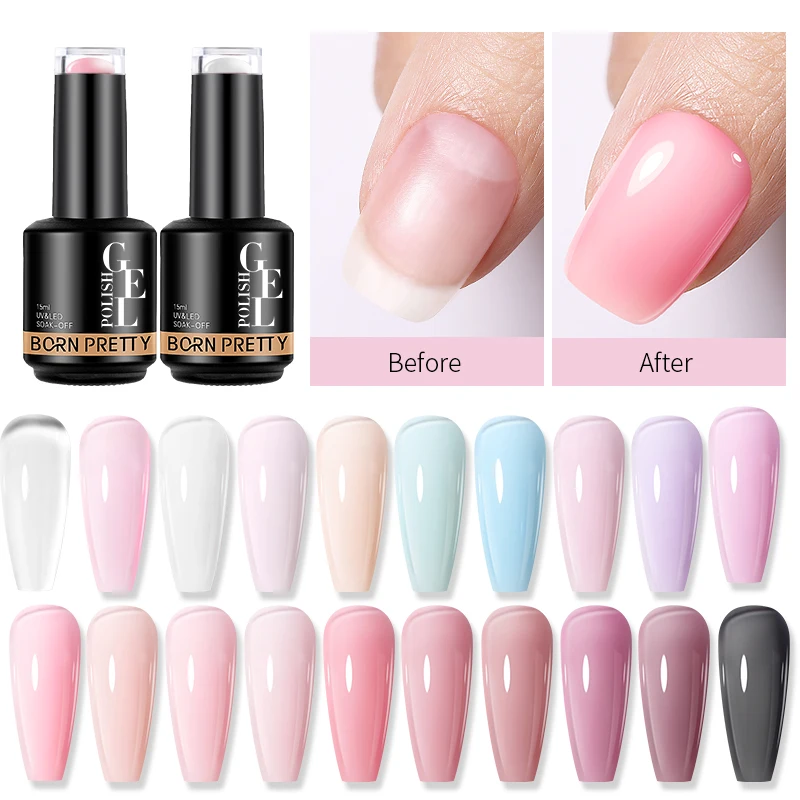 BORN PRETTY 15 ml Milchrosa Gel-Nagellack auf Gummibasis, glitzernder semi-permanenter Lack, Soak Off, selbstnivellierender UV-LED-Nagellack Image