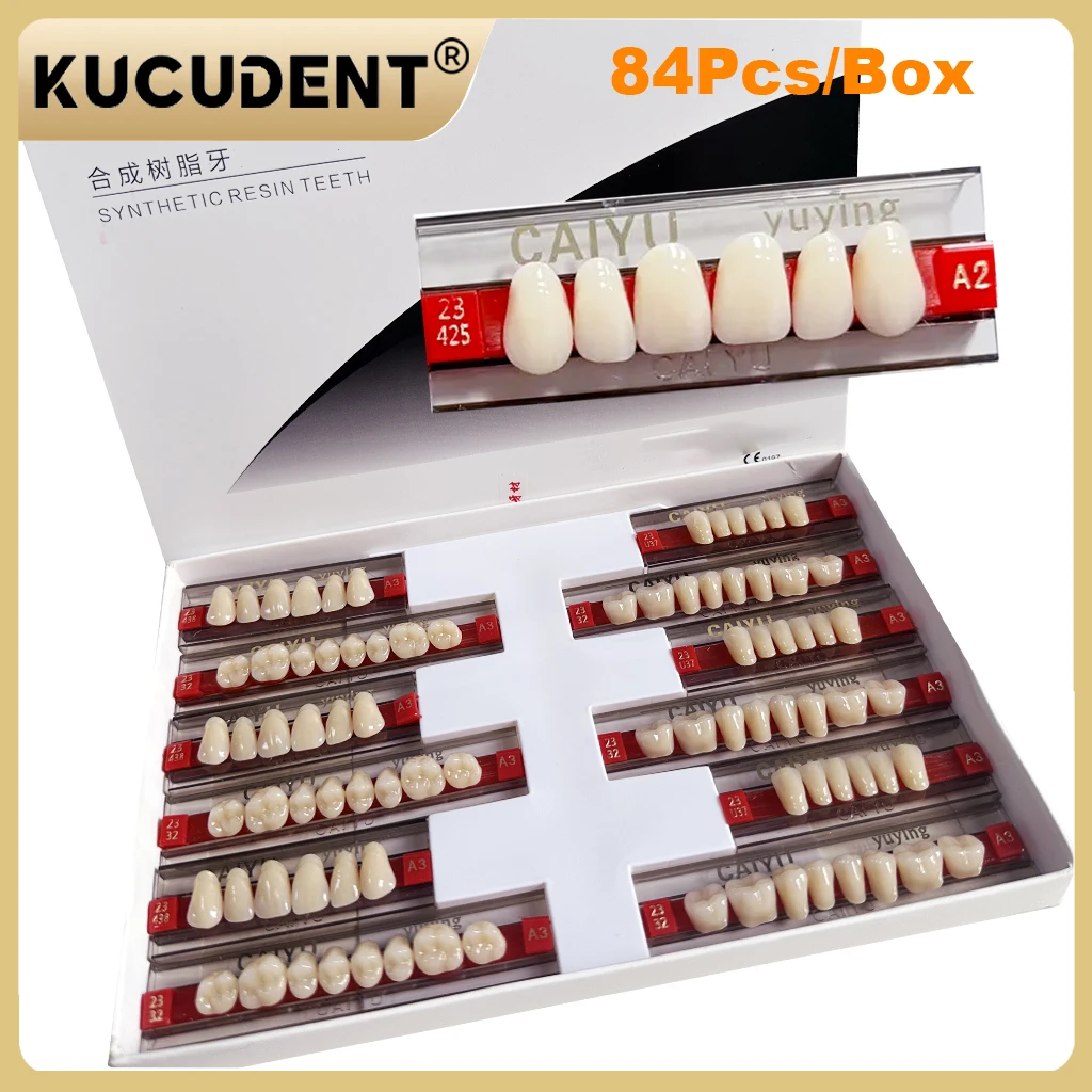 84 Stück/Set Dental-Acrylharz-Zähne – komplettes oberes und unteres Prothesen-Set A1/A2/A3-Farbtöne für Zahnärzte im Labor | Größen S/M/L