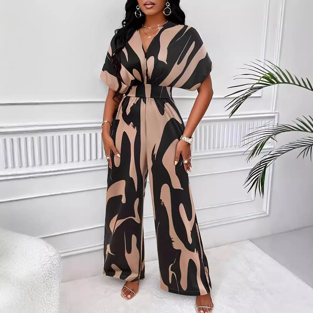 Overall mit tiefem V-Ausschnitt für Damen, modischer Druck, elegante Bürodame, Fledermausärmel, elastische Taille, weites Bein, Strampler für Damen, 2025, Neu Image