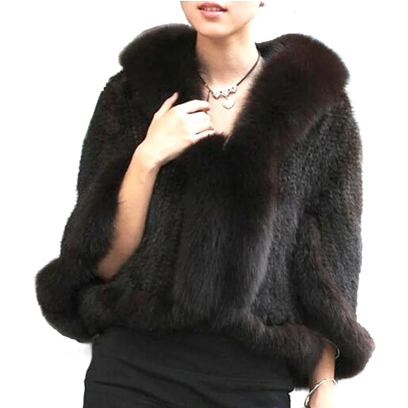 Herbst Winter Damen Echte Gestrickte Nerz Schals Fuchs Pelz Kragen Frauen Pelz Pashmina Wraps Braut Cape Mantel Jacke Image