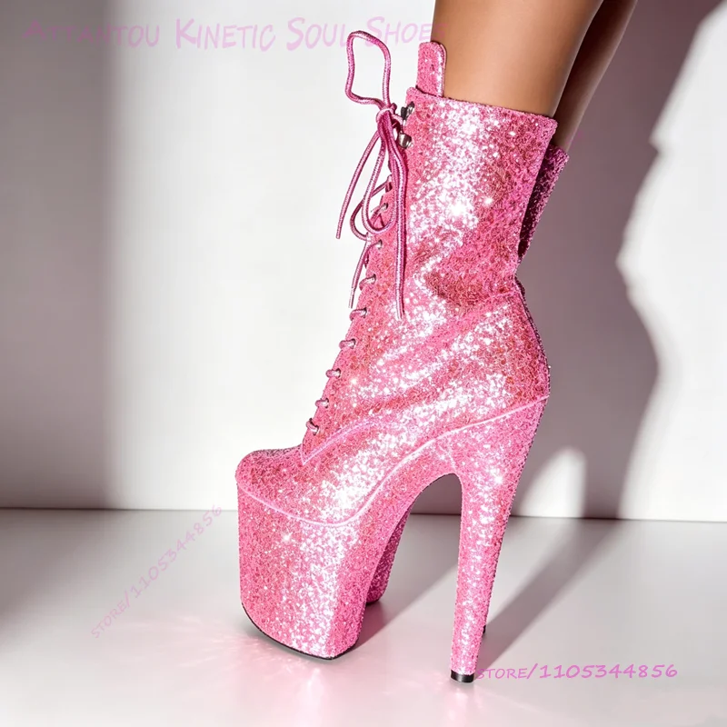 Leuchtend Rosa Glitzer-Stiefel mit Pailletten, 8 Zoll 20cm, Sugarbaby Pailletten-Wadenstiefel, Runde Spitze, Damen Pole-Dance Schuhe, Glänzend und Sexy