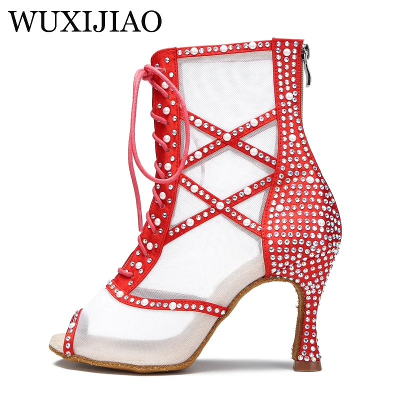 WUXIJIAO Damen Latin Dance Schuhe Schwarz Rot Perle Strass Sexy Dance Stiefel Tango Heels Damen Party Schuhe
