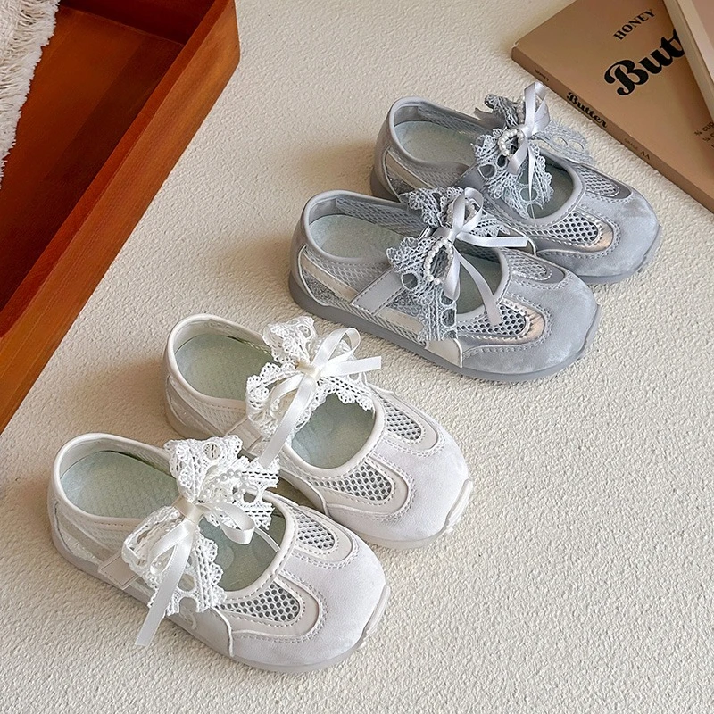 Mädchen Prinzessinnen-Sandalen Sommer Mesh Freizeitschuhe mit Eleganter Spitze Schleife Weiche Sohle Atmungsaktive Party-Schuhe für Kleinkinder Image