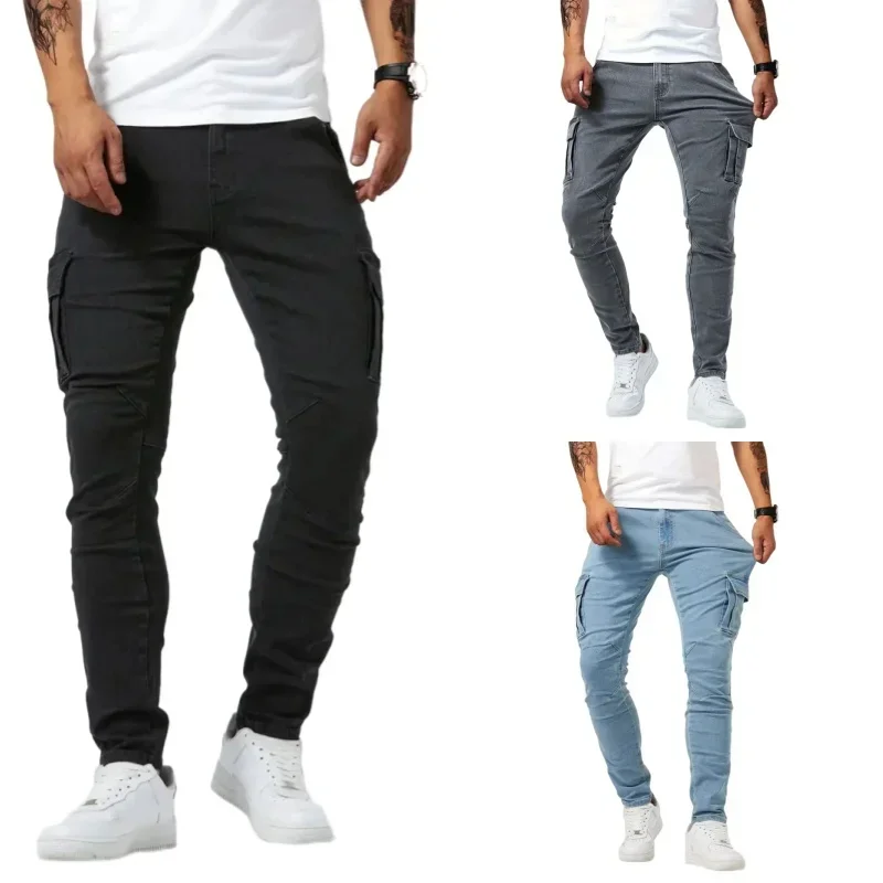 Männer Elastische Dünne Jeans Soild Denim Hosen Slim Fit Casual Jeans Multi Tasche Cargo Hosen Mode Casual Hosen Mann Kleidung