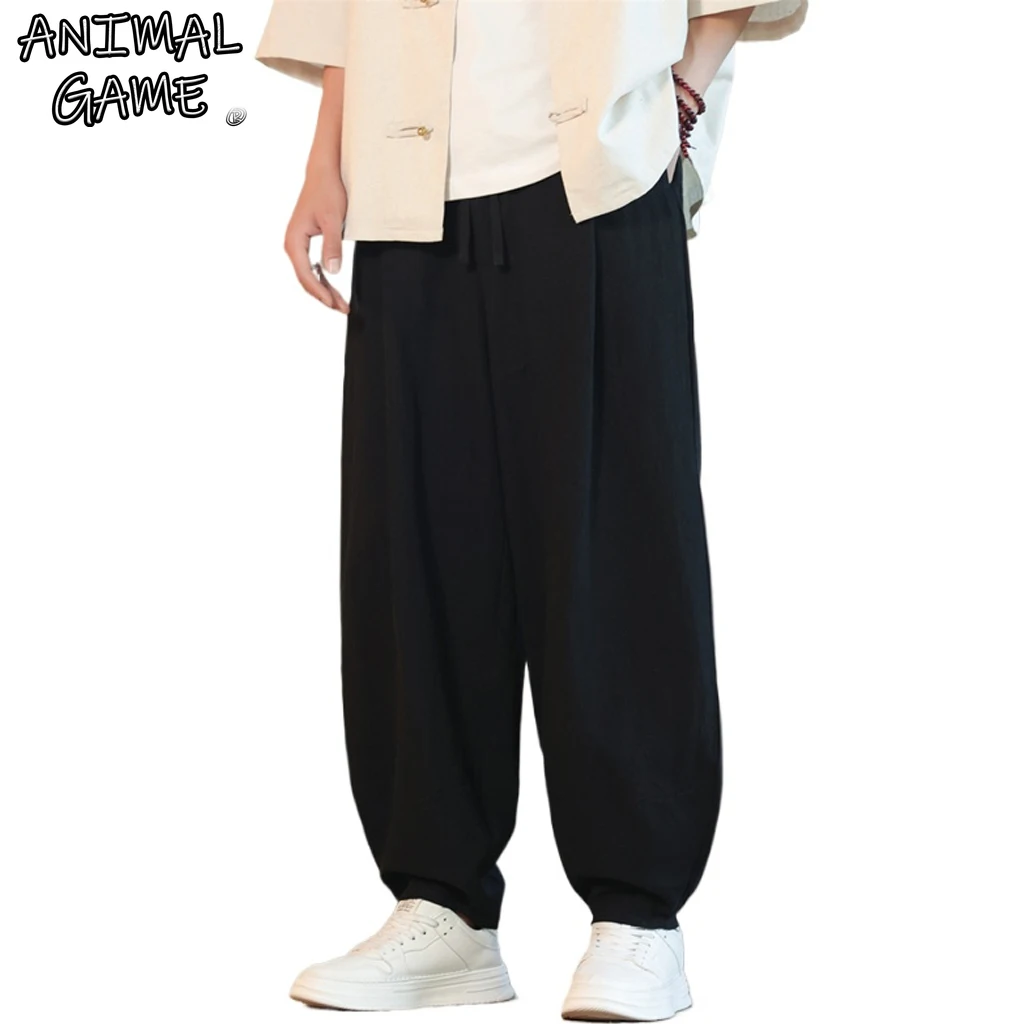 Neue Koreanische Baumwoll-Leinen Haremshose Einfarbige Weite Hose Locker Sitzende Jogginghose Atmungsaktive Freizeithose Herren Arbeitshose Image