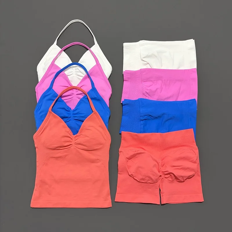 2-teiliges Sportset für Damen, rückenfreies Tanktop, Yoga-Oberteil, hochtaillierte, nahtlose Scrunch-Shorts, Sport-Gym-Set, Sportbekleidung, Workout-Set