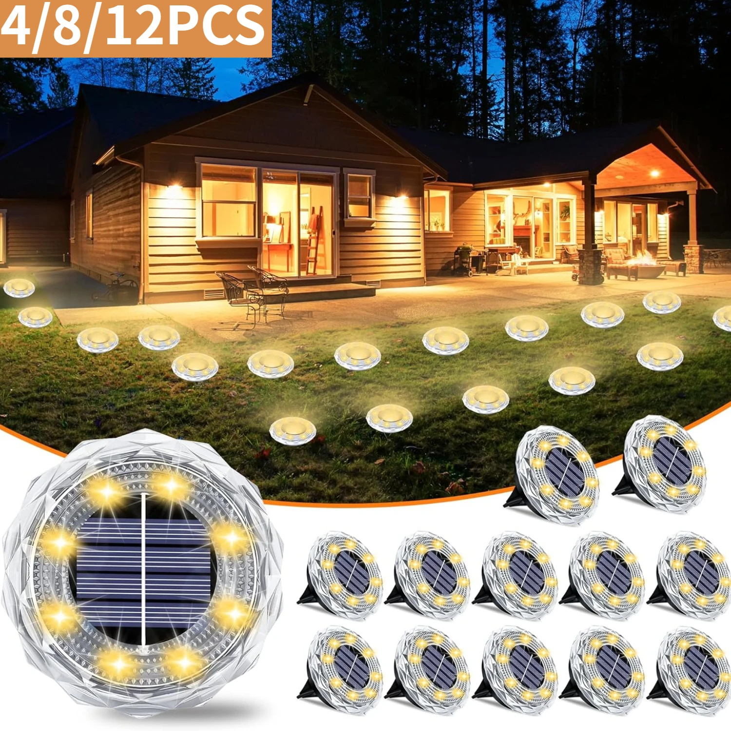 4/8/12 Stück Solarleuchten für den Außenbereich, wasserdicht, 8 LEDs, Solar-Bodenleuchte, warmweiß, Solar-Einbauleuchte für Terrasse, Garten, Rasen, Auffahrt