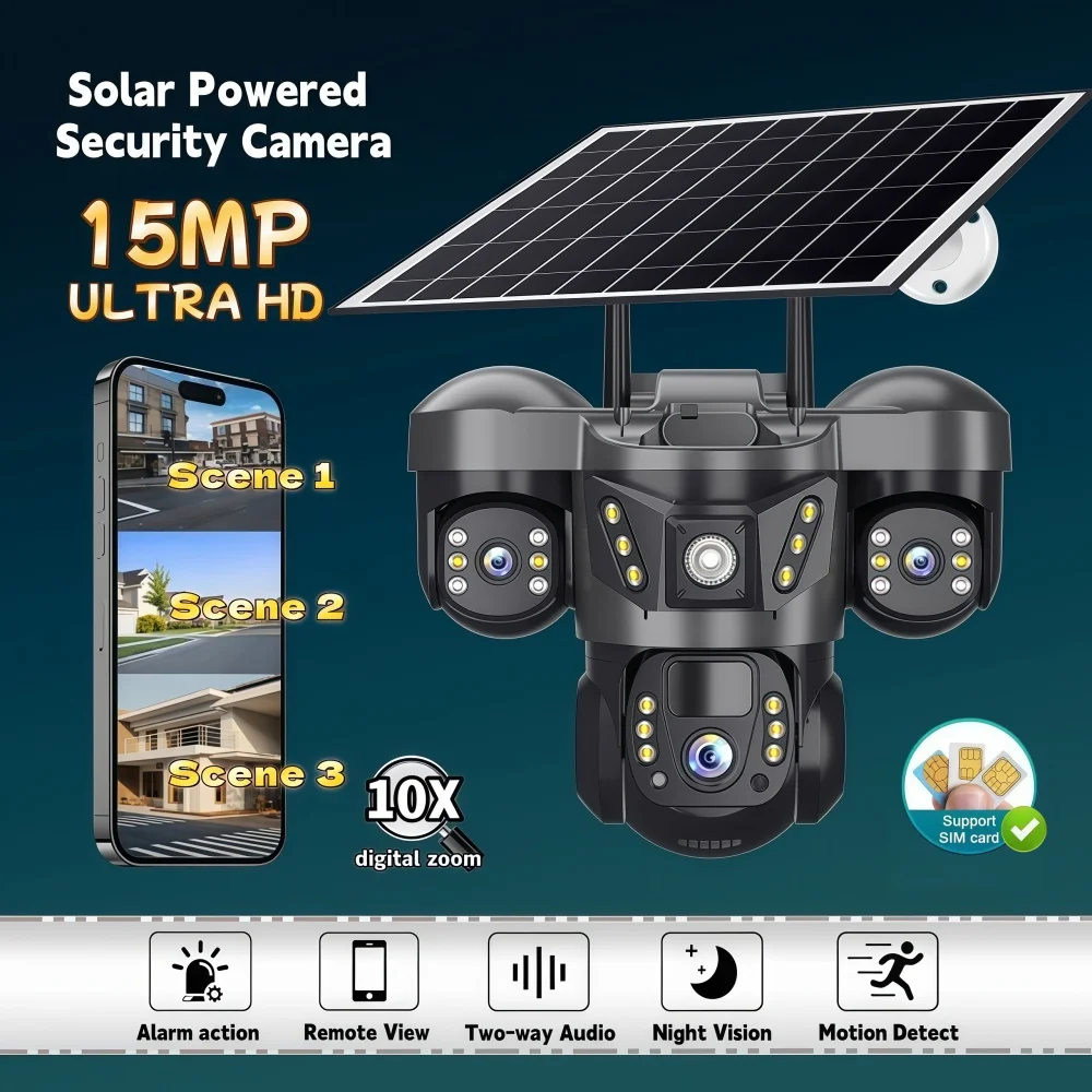 15MP Solar-Kamera 4G LTE Outdoor 3 Linsen 3 Bildschirme PIR-Körpererkennung Kamera Wasserdicht Nachtsicht CCTV Sicherheits-IP-Kamera Image