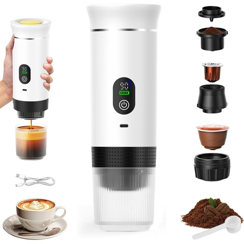 Macchina Per Caffè Portatile 3 In 1, Macchina Per Caffè Da Viaggio Ricaricabile, Macchina Per Caffè Espresso Da 12 V Per Capsule E Caffè Macinato, Per Campeggio, Viaggio, Ufficio, Auto, Casa, Bianco