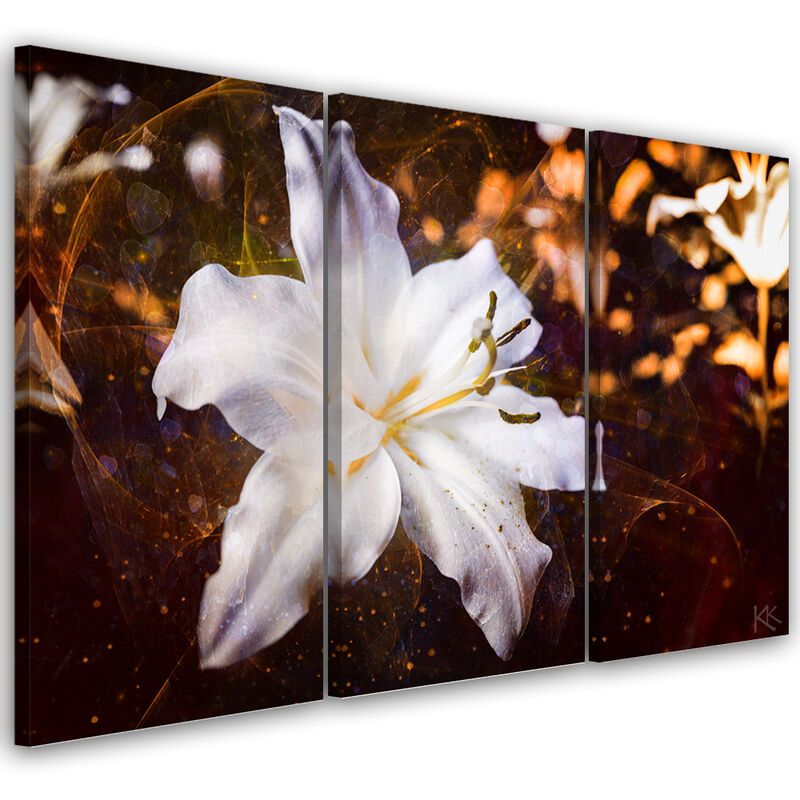 Gbshop - Quadro Su Tela 3 Paneli, Lily Bianco Su Uno Sfondo Marrone - 120x80