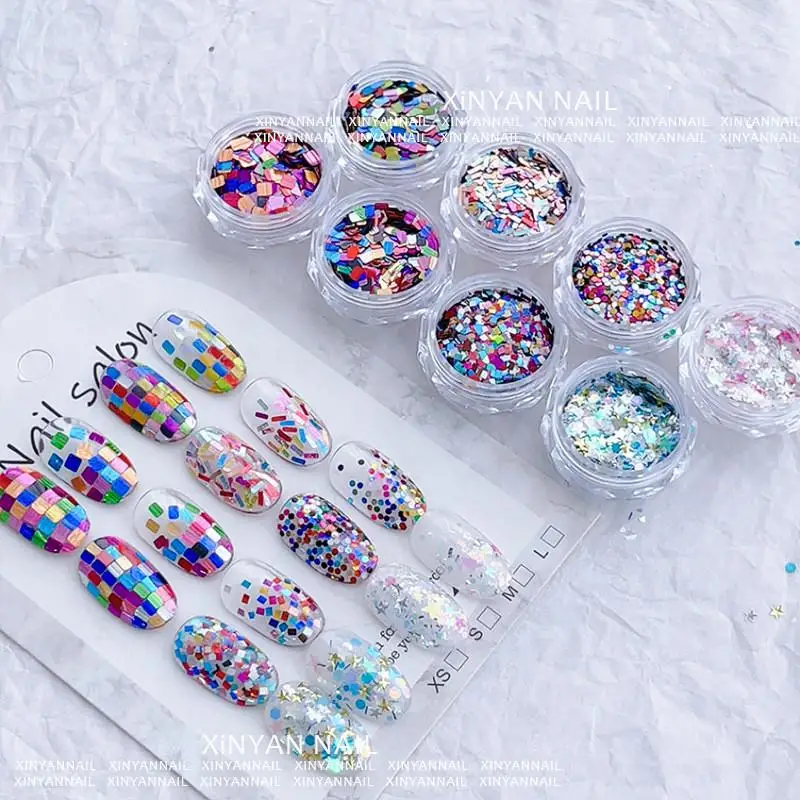 1 Glas Bunter Schillernder Laser-Nagelglitter Gemischte Pailletten-Flocken DIY Nagelkunst-Dekoration Maniküre-Zubehör Image