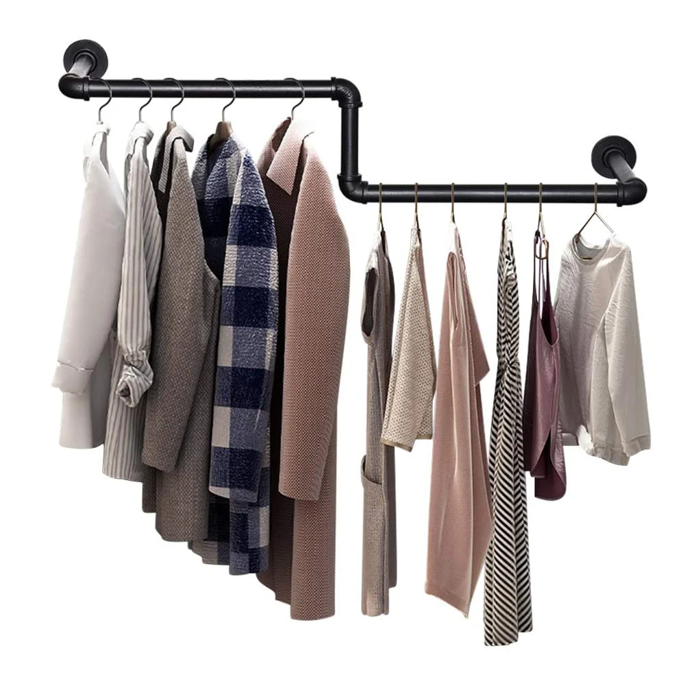 Z-förmiger Kleiderstange – 100 cm langer, an der Wand montierter Kleiderständer – 25 mm Industrierohr, schwarze Kleiderstange für Zuhause, Geschäfte