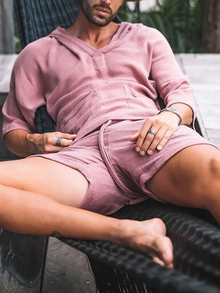 Mode Männer Zwei Stück Set Casual Baumwolle Leinen Solide Lose Outfits Sommer Halbe Hülse V-ausschnitt T-Shirt Und Shorts Anzüge Für Herren Image