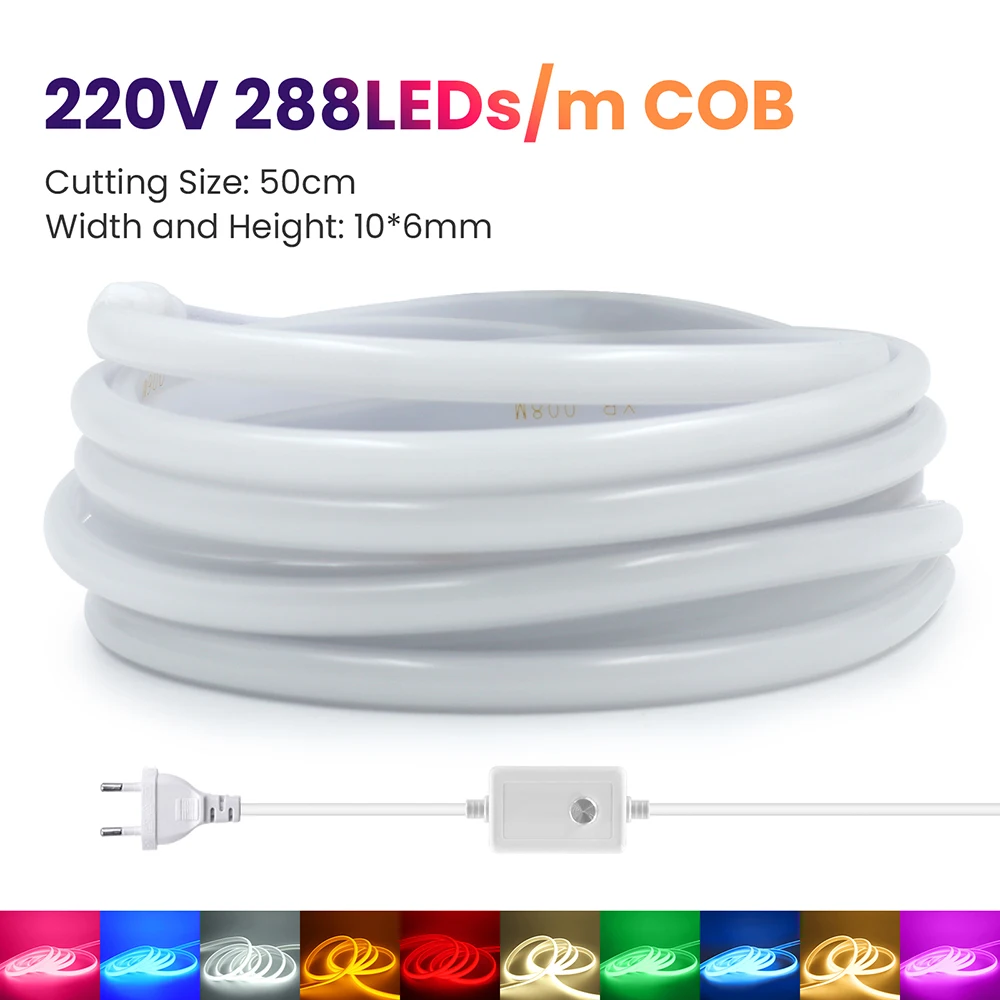 Dimmbarer COB-LED-Neonlichtstreifen, 220 V, Dimmer-Stromversorgungsset, wasserdicht, 10 Farben, 5 m, 10 m, 20 m, 30 m, 0,5 m, 288 LEDs/m, Flex-Röhrenlampe, Dekor