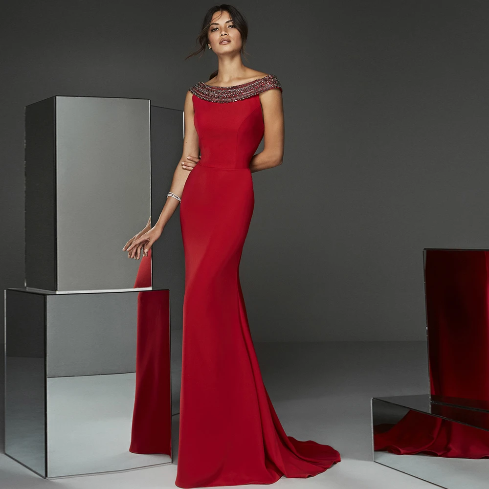 Auf Verkauf Elegante Rote Meerjungfrau Perlen Mutter der Braut Kleider Boot Neck Sleeveless Jersey Hochzeit Party Kleid mit Sweep zug