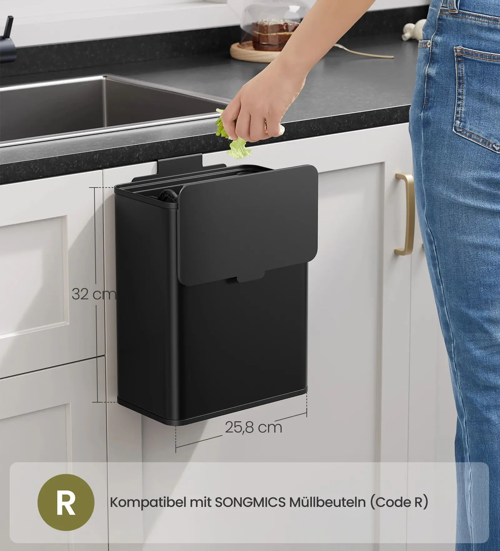 SONGMICS Mülleimer hängend, 8 L Stahl-Abfalleimer mit Deckel für Biomüll, an der Schranktür oder Wand, mit Haken, schwarz Image
