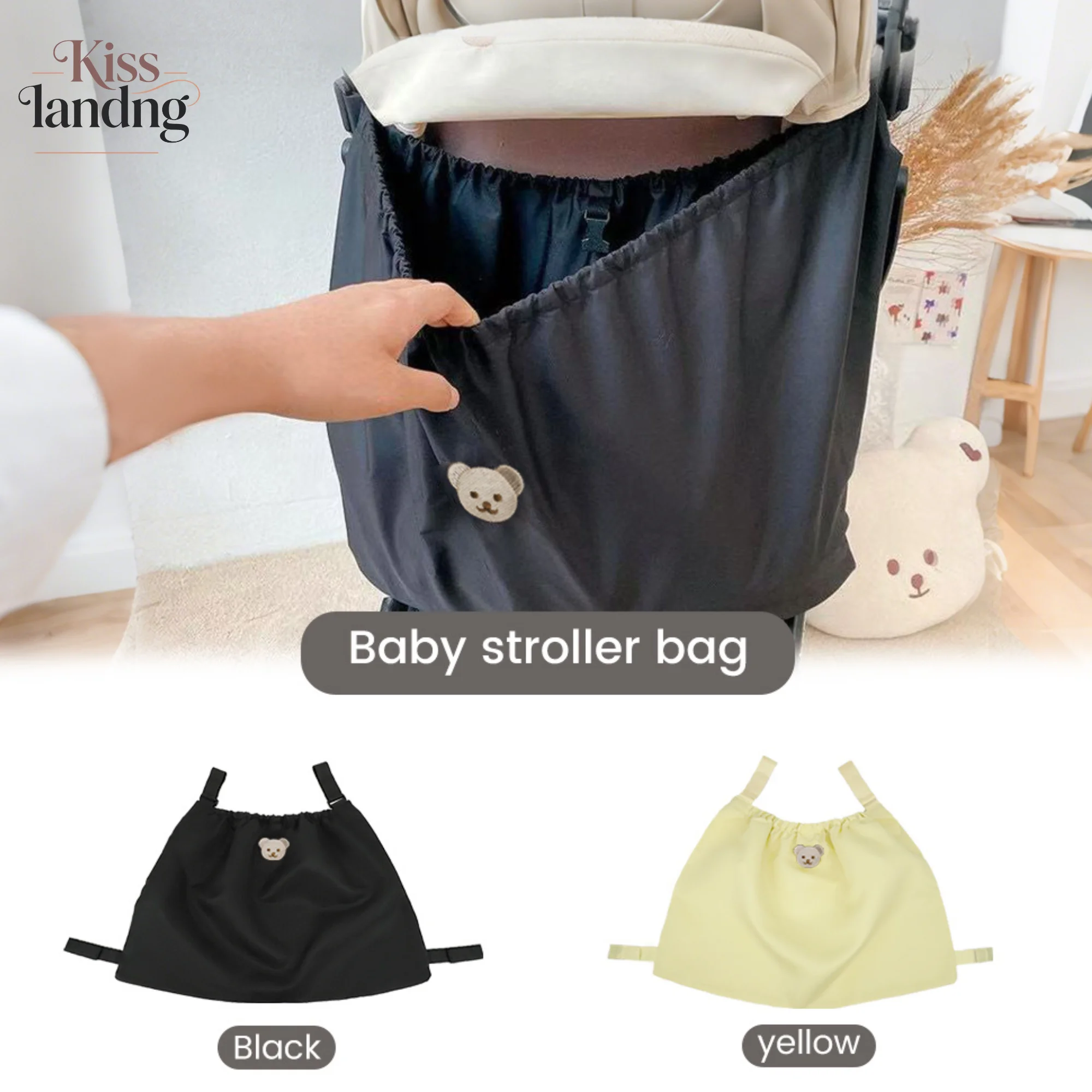 Niedliche Bären-Kinderwagen-Aufbewahrungstasche | Universelle Organizer-Tasche für Windeln, Spielzeug, Essentials, Schwarz/Gelb Image