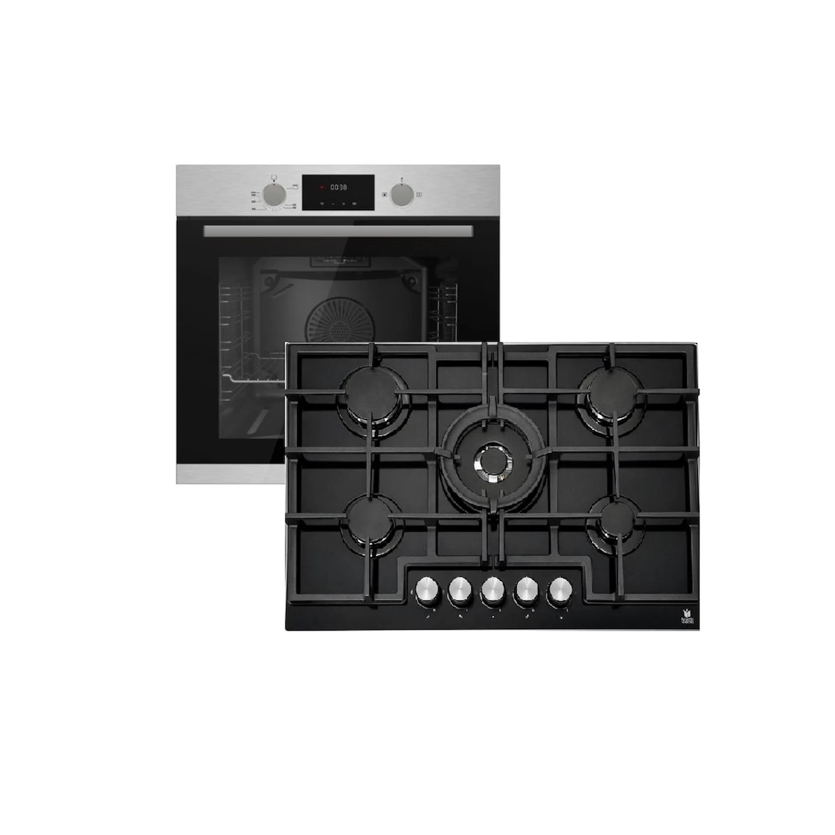 GaslineGB850-FIX Einbau Gasherdset Autark mit Einbaubackofen Gasherd Umluft 69 Liter mit Gaskochfeld 75cm Schwarz Glaskeramik 5 Brennern Image