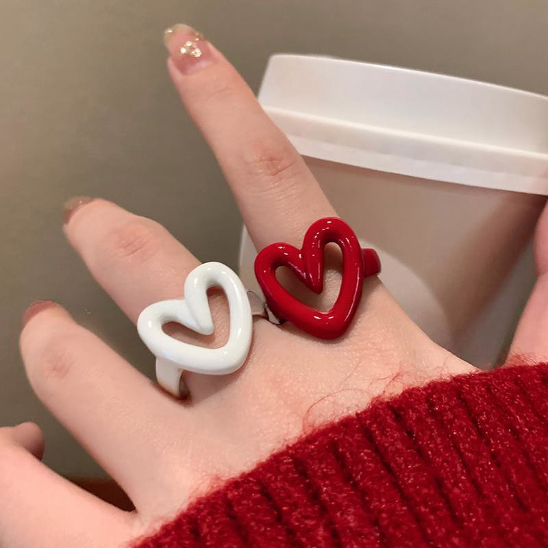 Sweetheart Enamel Heart Ring For Women Adjustable Fashion Jewelry white
