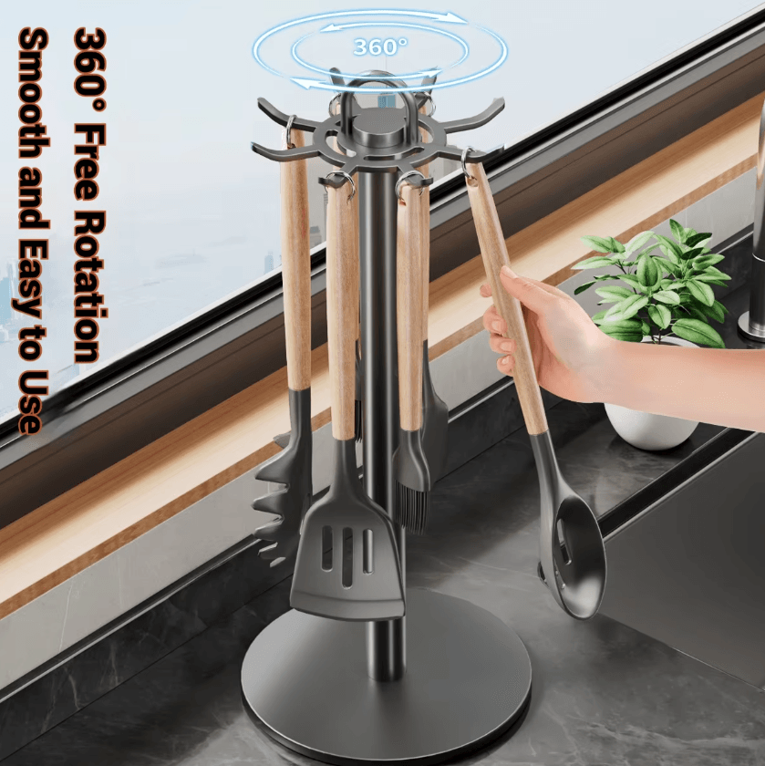RotateRack Kitchen Utensil Stand Rotating Utensil Holder Kitchen Utensil Organizer With Hooks white