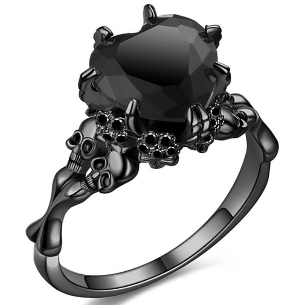 Dark Romance Gothic Skull Ring With Red Crystal Heart For Women black 7