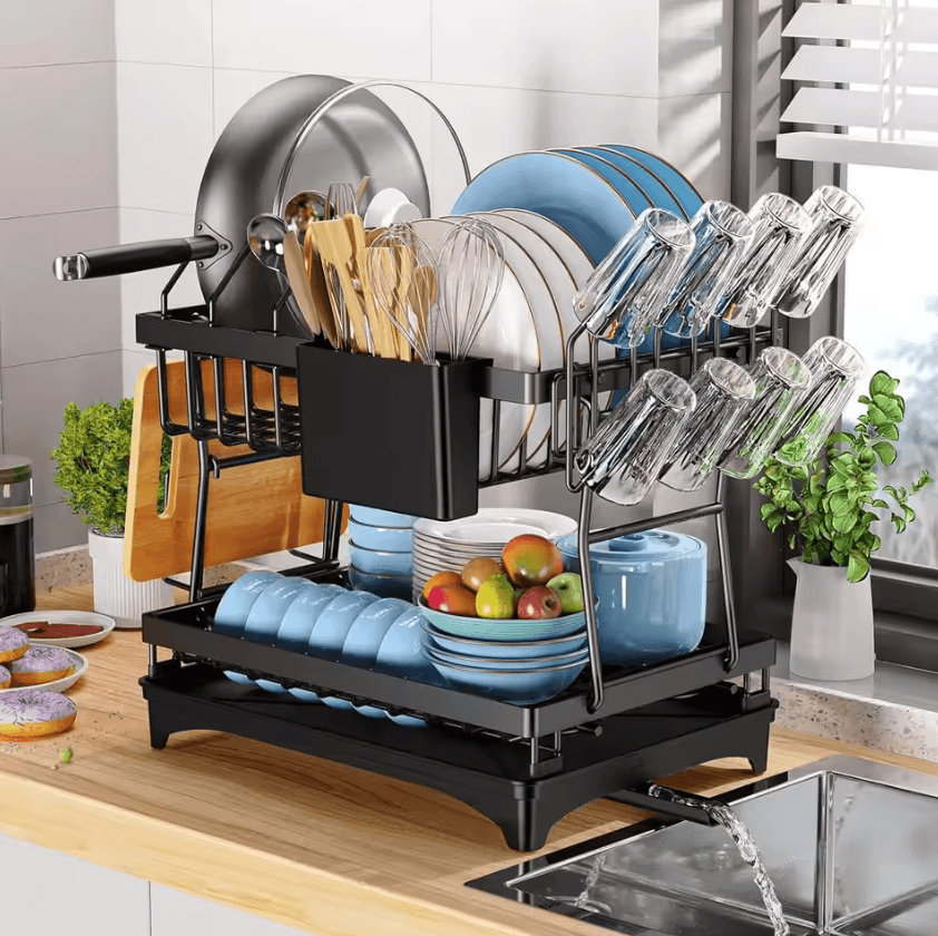DryEase 2 Tier Dish Drying Rack Kitchen Dish Drying Rack Countertop Dish Drainer With Drip Tray Metal Dish Rack white