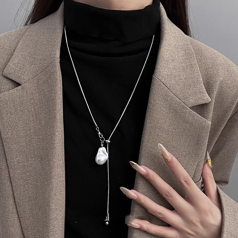 Baroque Pearl Stainless Steel Long Necklace Adjustable Chain Jewelry For Women c