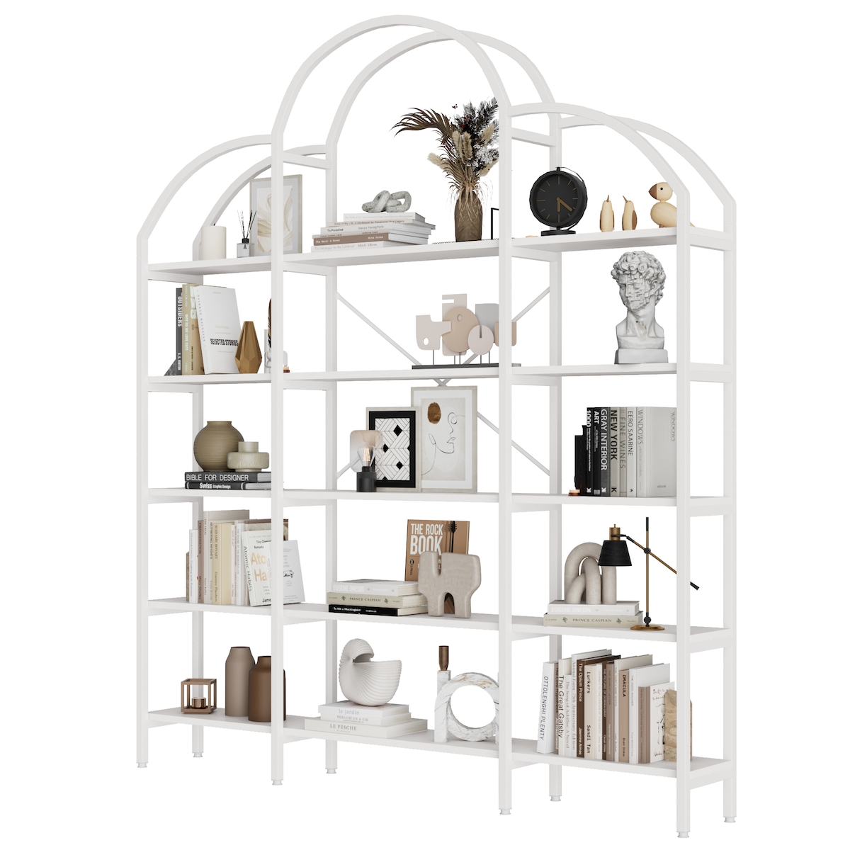 Merax Bücherregal 170×26×190 cm, Standregal weiß, Regal mit 5 Ebenen, Metall & MDF, dekoratives Wolkenbogen Design Image