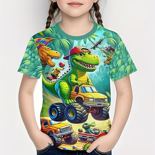 Mädchen 3D Grafik Dinosaurier T-Shirt Kurzarm 3D-Druck Sommer Frühling Sport Mode Streetwear Kinder 4-7 Jahre Rundhalsausschnitt Lässig Täglich Outdoor Normale Passform Image