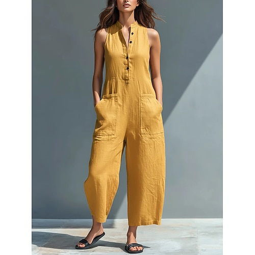 Damen Normal Overall Urlaub Einfarbig Ärmellos Weites Bein Stehkragen Mit Gürtel Rückenfrei Täglich Urlaub Lässiger Schnitt Blau Schwarz Weiß Sommer Image