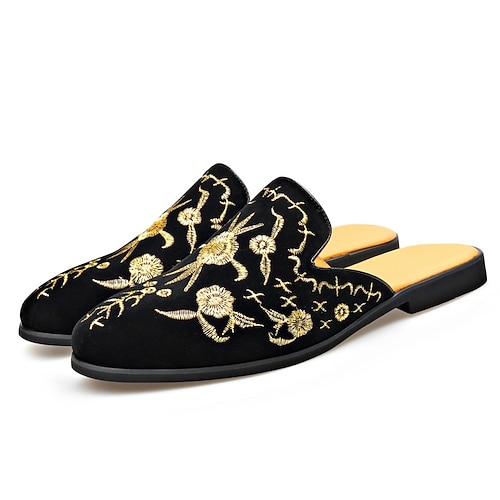 Schwarze, bestickte Herren-Mules/Loafer zum Hineinschlüpfen – luxuriöse Statement-Schuhe für stilbewusste Männer, geeignet für Hochzeiten, Bankette, Partys, Abschlussbälle und Abendveranstaltungen Image