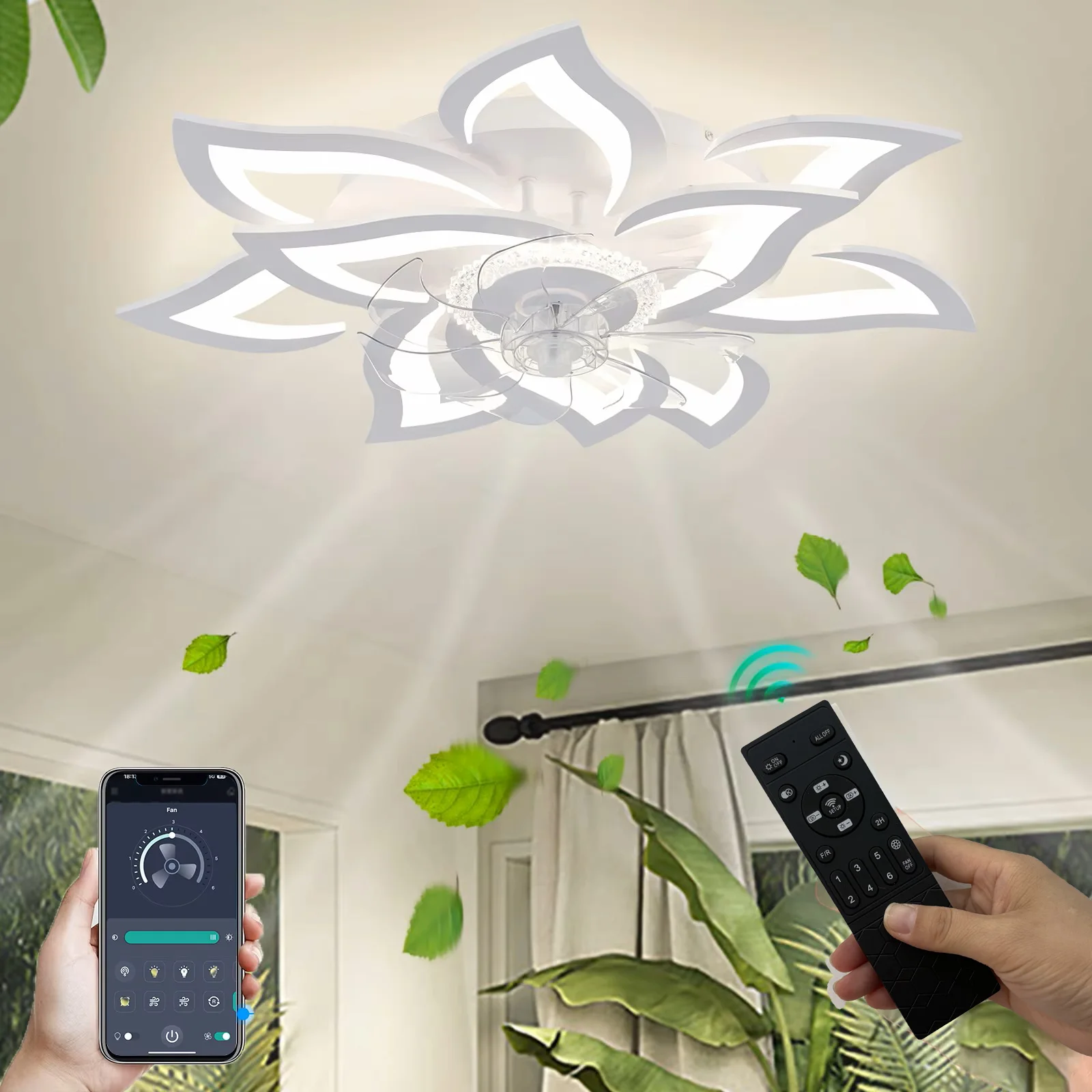 Deckenventilator mit Beleuchtung, dimmbares modernes blumenförmiges flügelloses Ventilatorlicht, Fern-/App-Steuerung, Timer, 6 Geschwindigkeiten, Deckenlampe