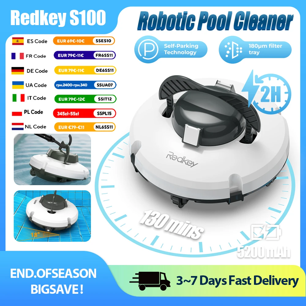 Redkey S100 Kabelloser Roboter-Poolreiniger Poolsauger mit Doppelmotoren Selbstparkend für Flachboden-Pools Kabelloser Poolreiniger Image