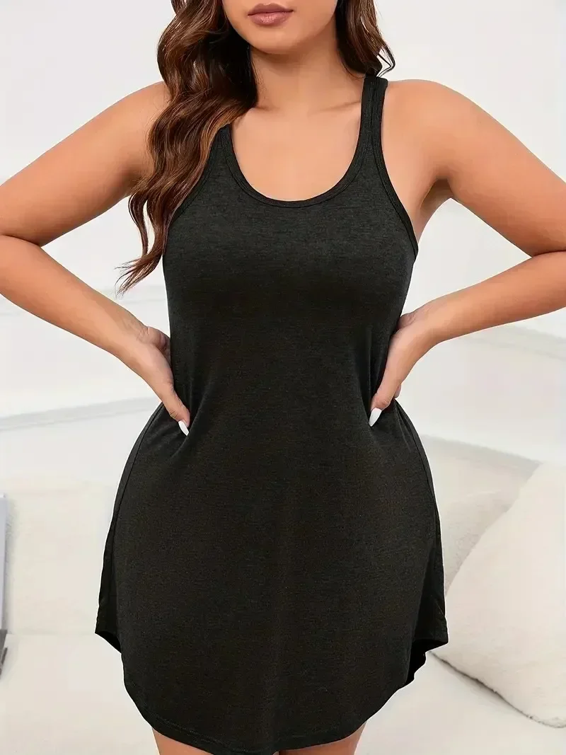 Neue Sommer Damen Plus Größe S-8XL U-Ausschnitt Basic Loungewear Ärmelloses Kleid A-Linie Einfarbig Casual Strandkleid Partykleid
