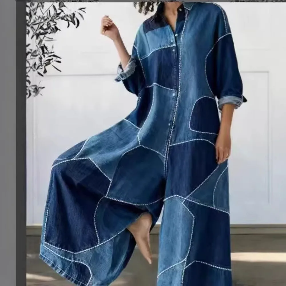 Damen-Jumpsuit aus Patchwork-Denim in Blau, lockeres, weit geschnittenes Bein, 3/4-Ärmel, Knopfleiste, lässig, Vintage, elegant, modisch, einteiliges Outfit