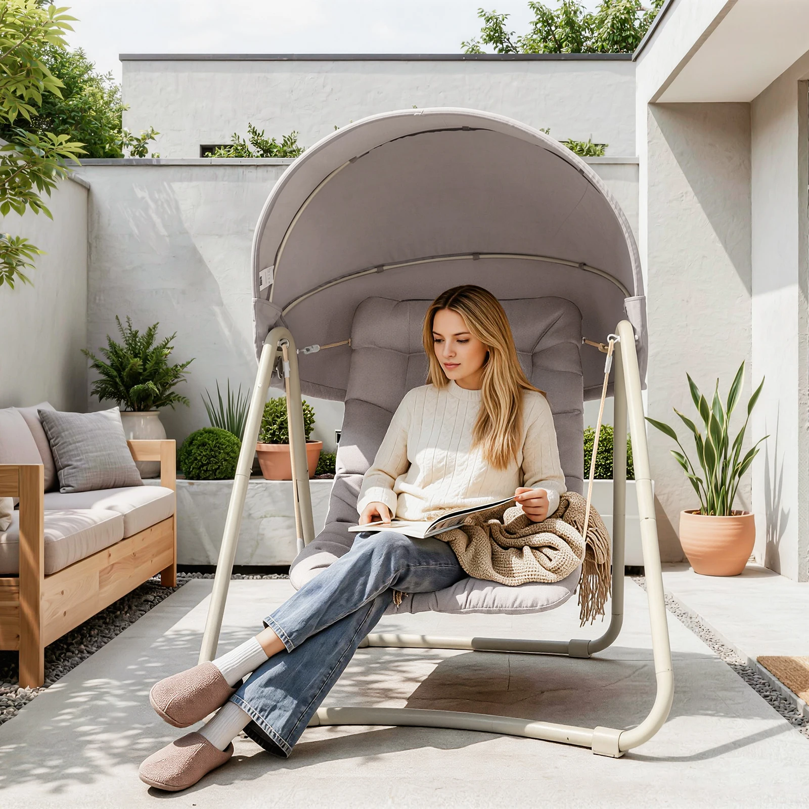 Sobuy OGS62-MI Hängestuhl mit Verstellbare Sonnenschutz Hängesessel Outdoor Sonnenliege für Garten Balkon und Outdoor Hängematte Beige 108x163x126 cm Image