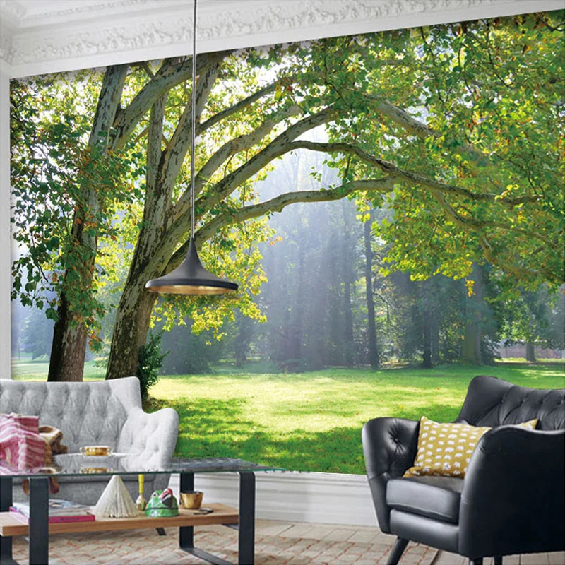 Benutzer definierte 3d Foto Tapete 3d stereo skopische grüne Bäume Wald Landschaft Papel Tapiz Wohnzimmer Sofa TV Hintergrund Wand dekor Wandbild