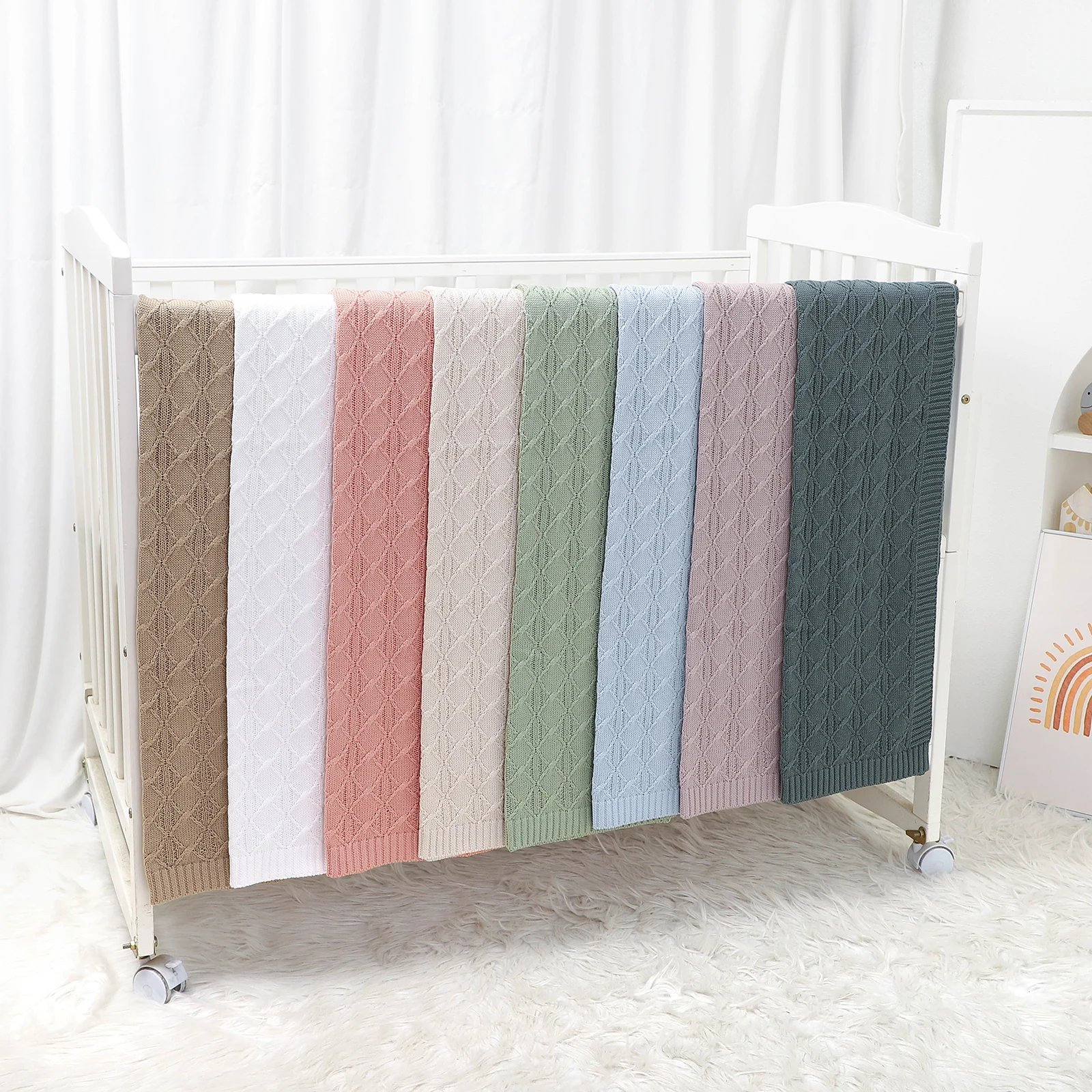 Infant Baby Decken Baumwolle Gestrickte Mädchen Junge Bettwäsche Fashion Solid Plaid Kinderwagen Windeln Neugeborenen Krippe Wrap 90*70CM Super Weiche Image