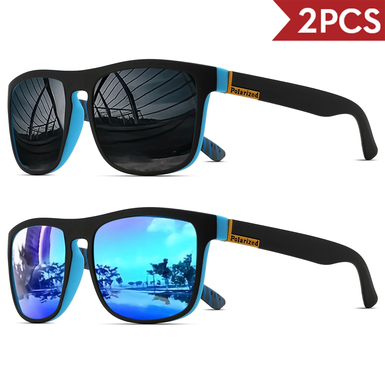 2PCSClassic Square Polarisierte Sport-Sonnenbrille, leichter PC-Rahmen, UV400 zum Fahren, Angeln, Radfahren, Unisex, tägliche Haltbarkeit Image