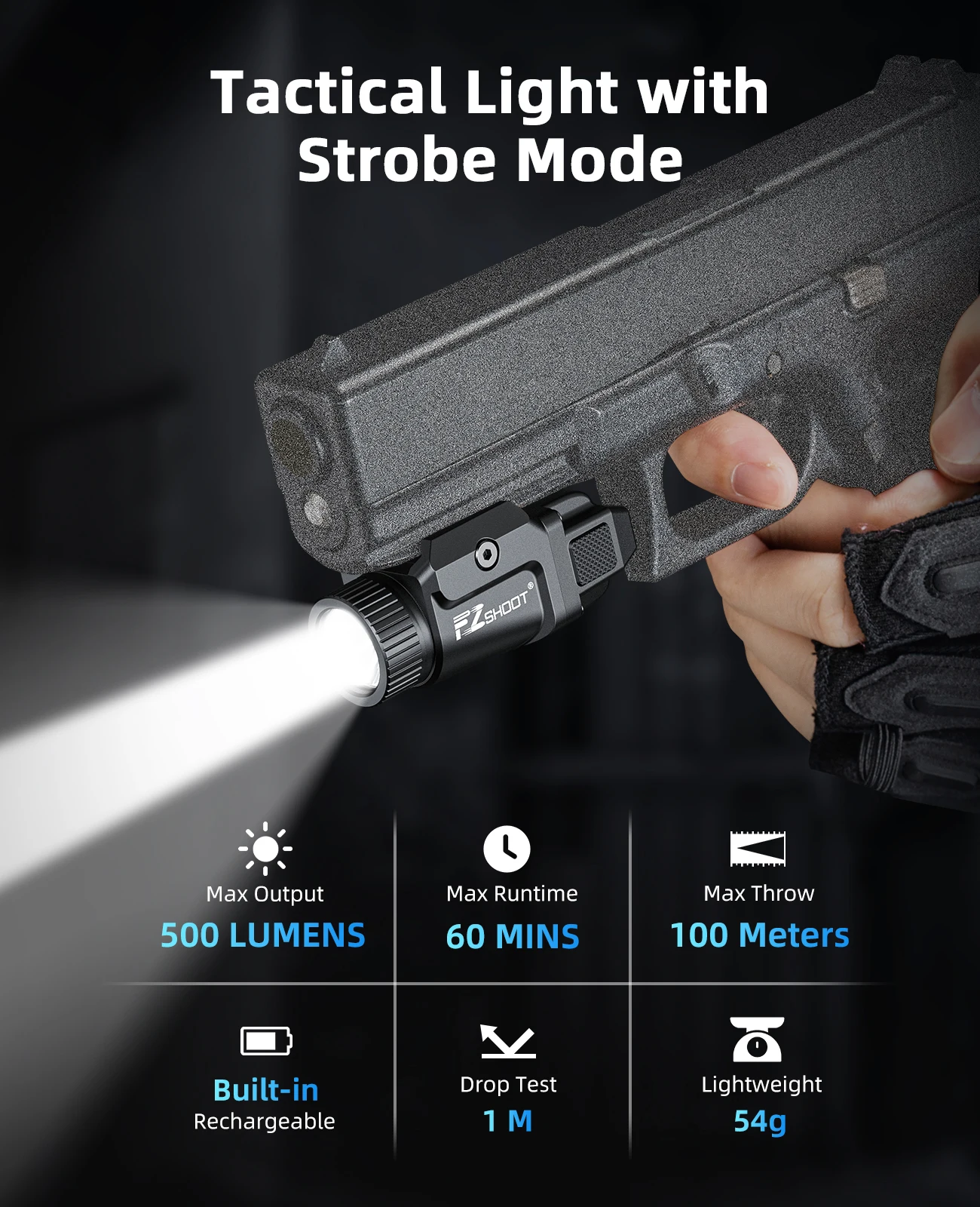 EZshoot Taschenlampe 500 Lumen Kompakte LED-Leuchte Kompatibel mit Pistolen-Picatinny- und GL-Schiene Stroboskop-Modus Aluminium für die Jagd Image