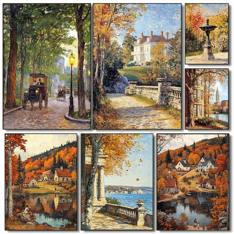 Vintage Ölgemälde saison Atmosphärische Dorf Wald Blume Landschaft Poster Leinwand Kunstdruck Hause Zimmer Wand Bilder Dekor