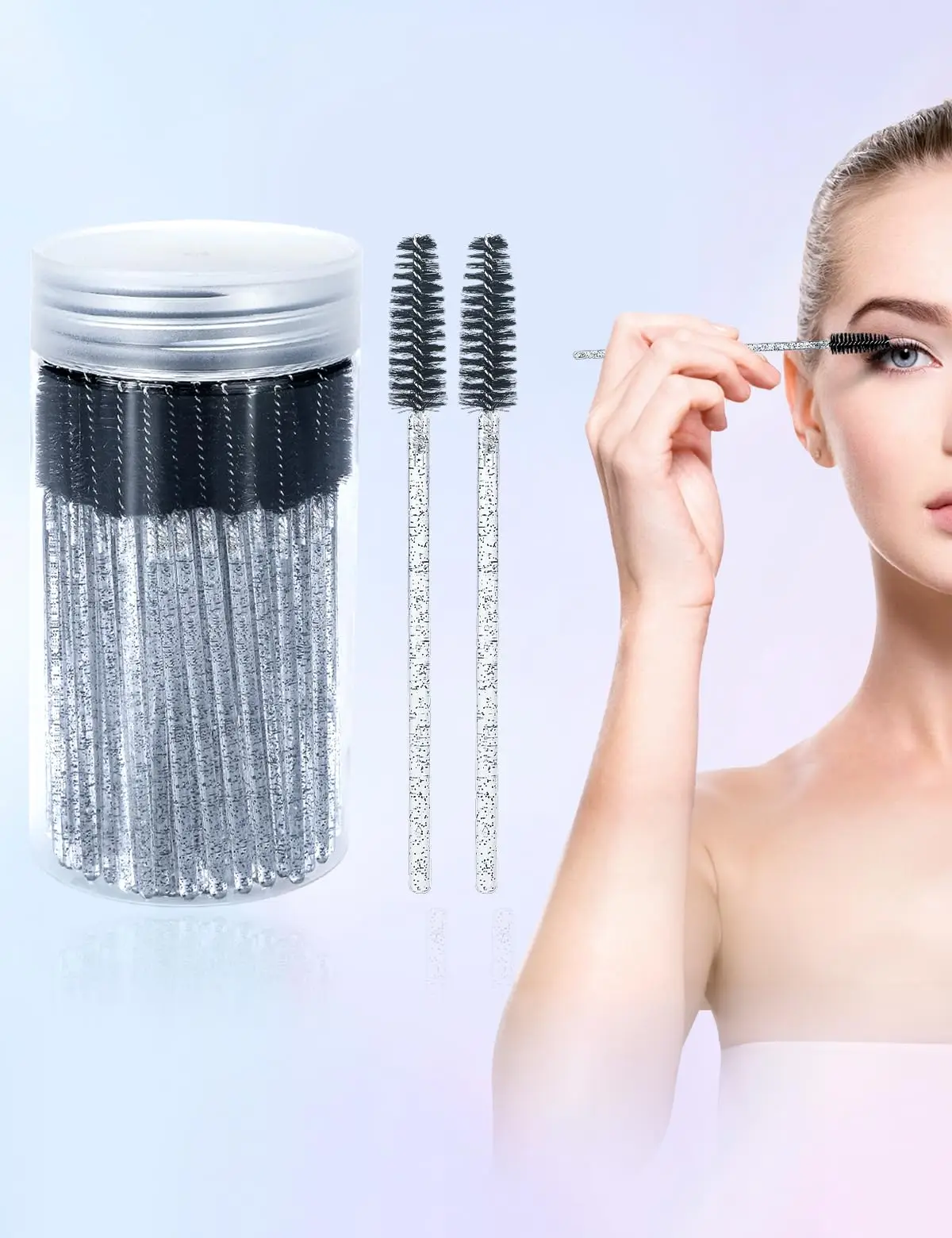 100 Stück Wimpernbürste, verstellbare Damen-Mascara-Zauberstäbe, Crystal Lash Spoolie, Augenbrauen-Spoolie-Pinsel mit Behälter für Make-up Image