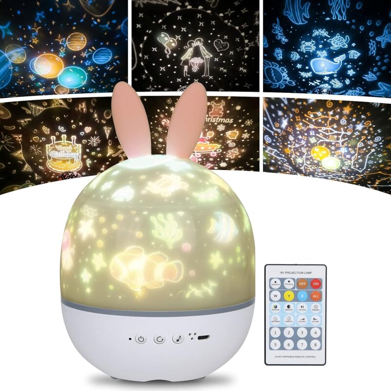Minkurow Lampada Proiettore Stelle Luce Notturna Per Bambini, Luce Notturna Musicale Rotante A 360° + Timer + Telecomando + 6 Colori, Luce Notturna Led Baby Starry Sky Per Compleanno, Natale [classe D