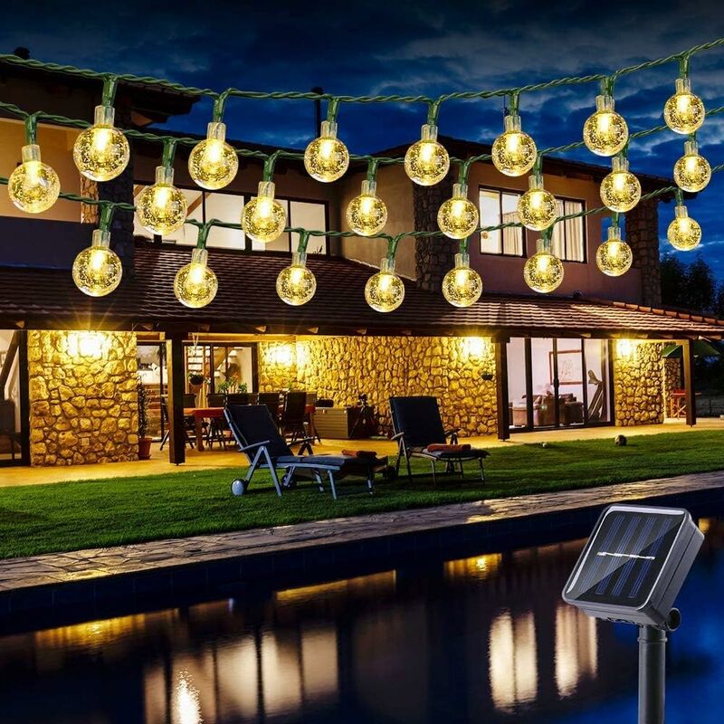 Minkurow Stringa Di Luci Solari Per Esterni, 6.5m 30 Led Stringa Di Luci Per Esterni 8 Modalità Sfere Di Cristallo Impermeabili Luci A Corda Solare Per Giardino Domestico Patio Cortile Decorazione Per