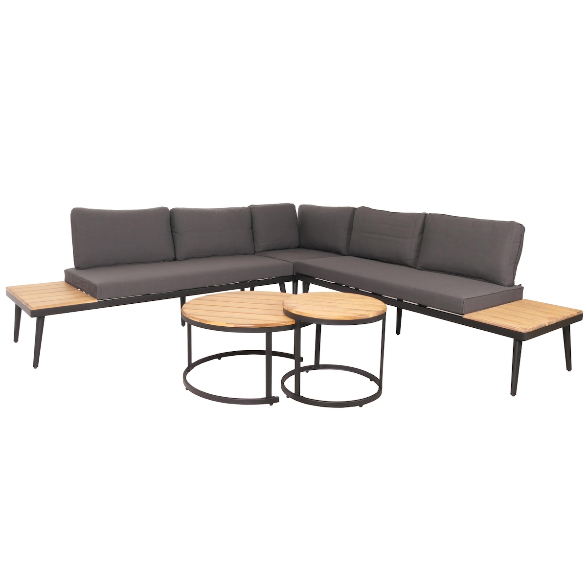 Décoshop26 - Gartenmöbelset mit zwei Beistelltischen aus Akazienholz und Stahl sowie dunkelgrauen Kissen 04_0008306 Image
