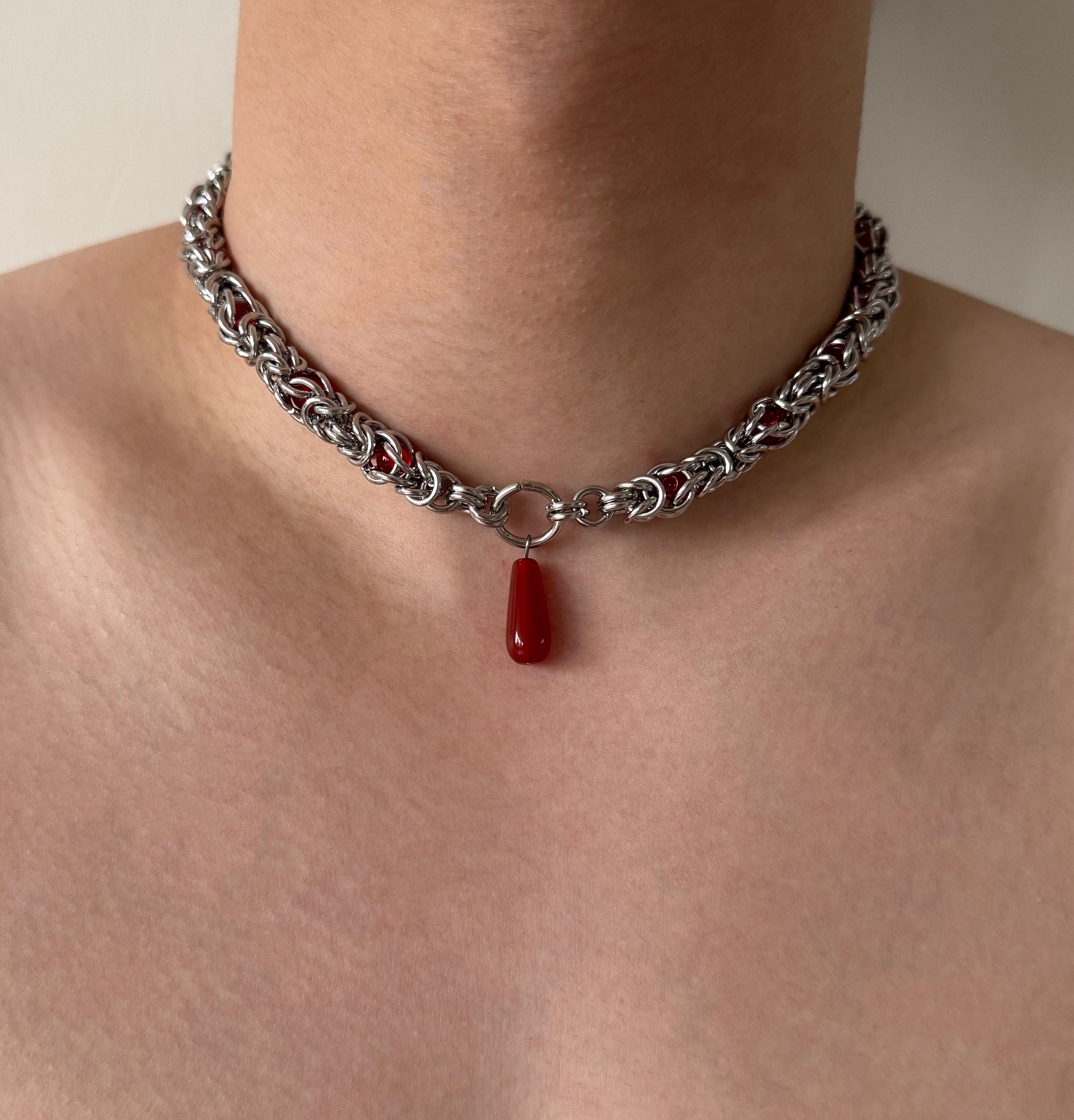 Collana girocollo in argento con catena spessa, collana girocollo in acciaio inossidabile con pendente a goccia rossa, collana gotica punk Y2K, gioiel