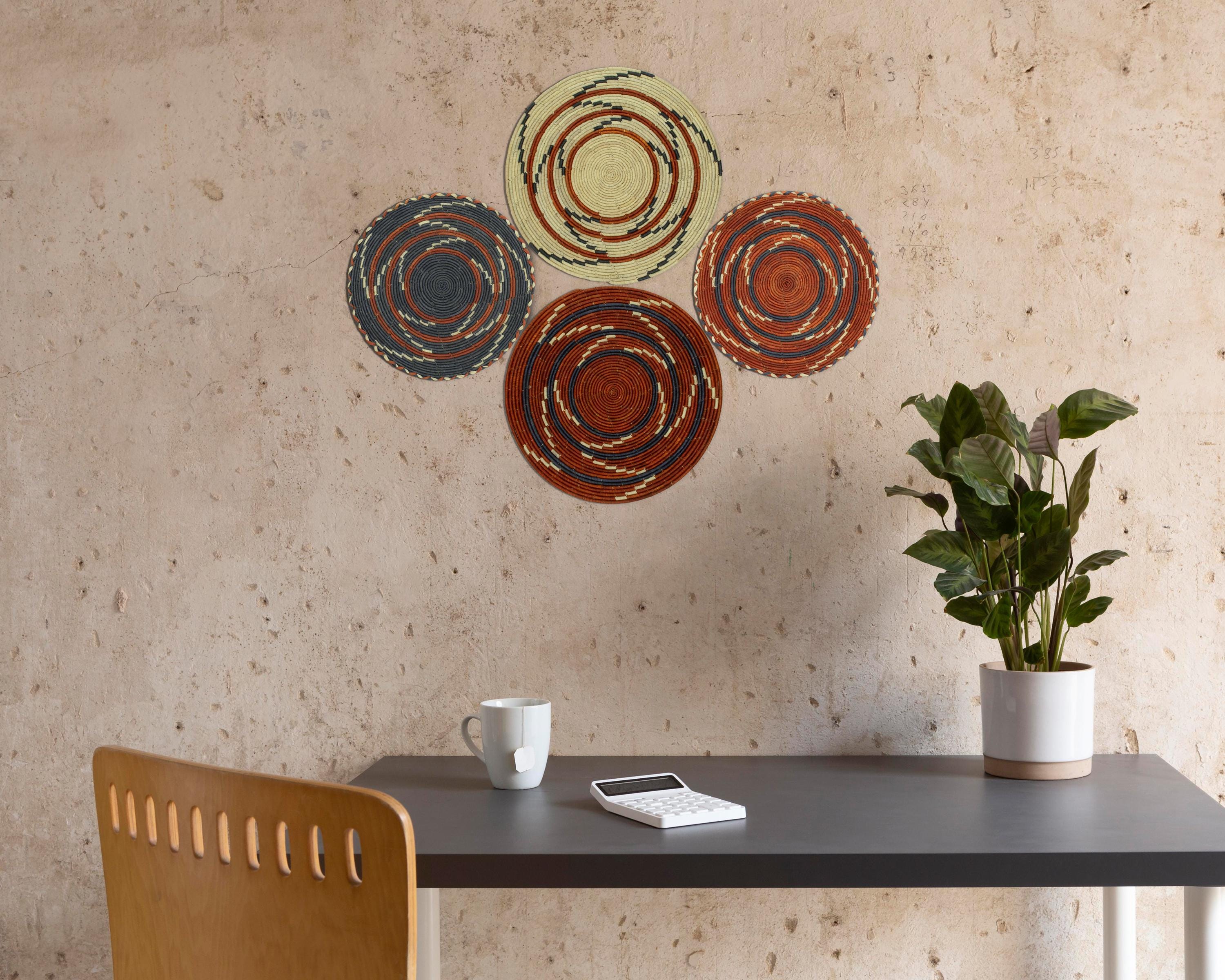Set di 4 cestini da parete intrecciati a mano, arazzo da parete Boho, decorazione da parete unica, cestini africani intrecciati, decorazione da parete