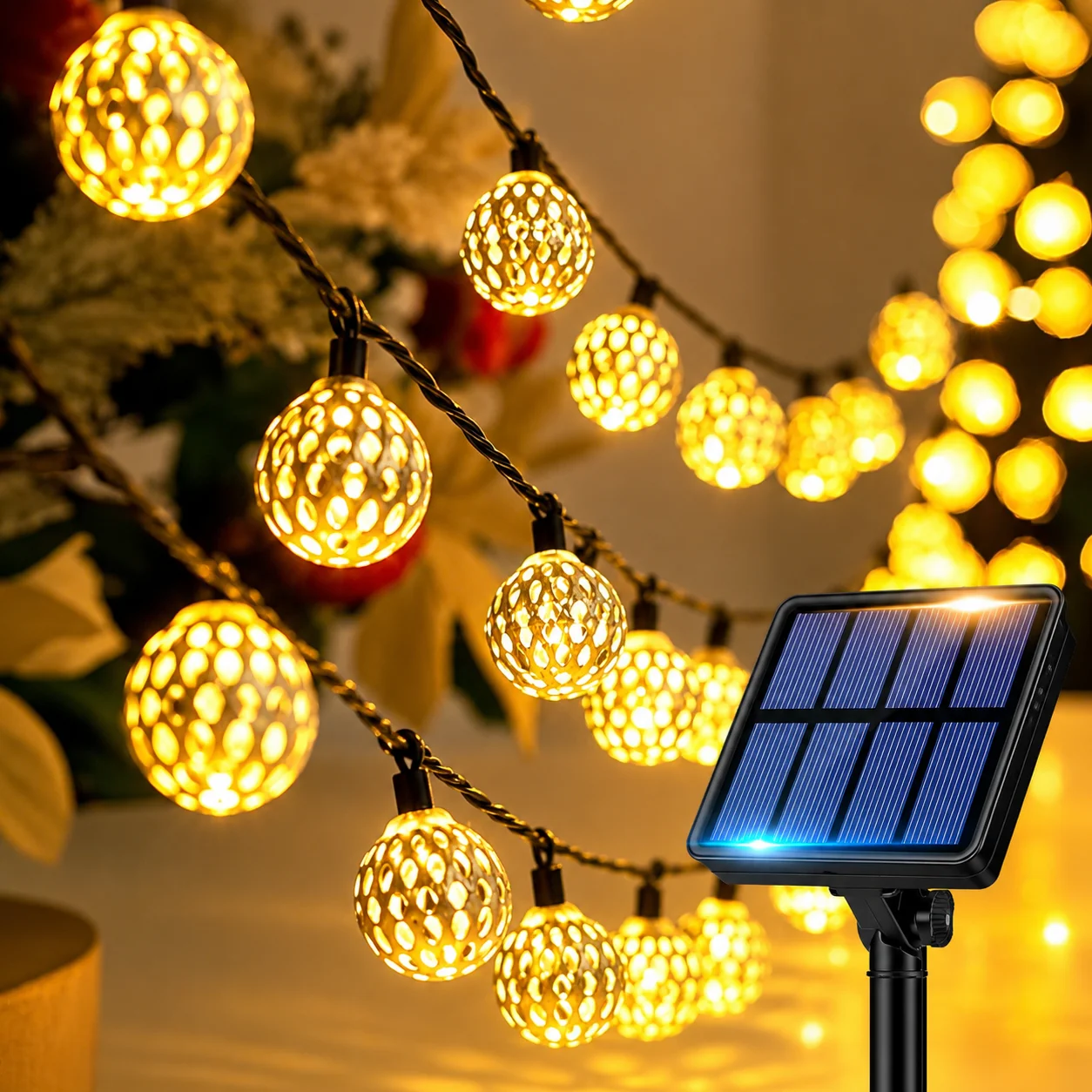 Marokkanische Kugel-Solar-Lichterkette für den Außenbereich - 30/20 LED, 8 Modi Metallkugel-Solarleuchte, IPX4 Lichterkette für Ostern, St. Patrick's Day
