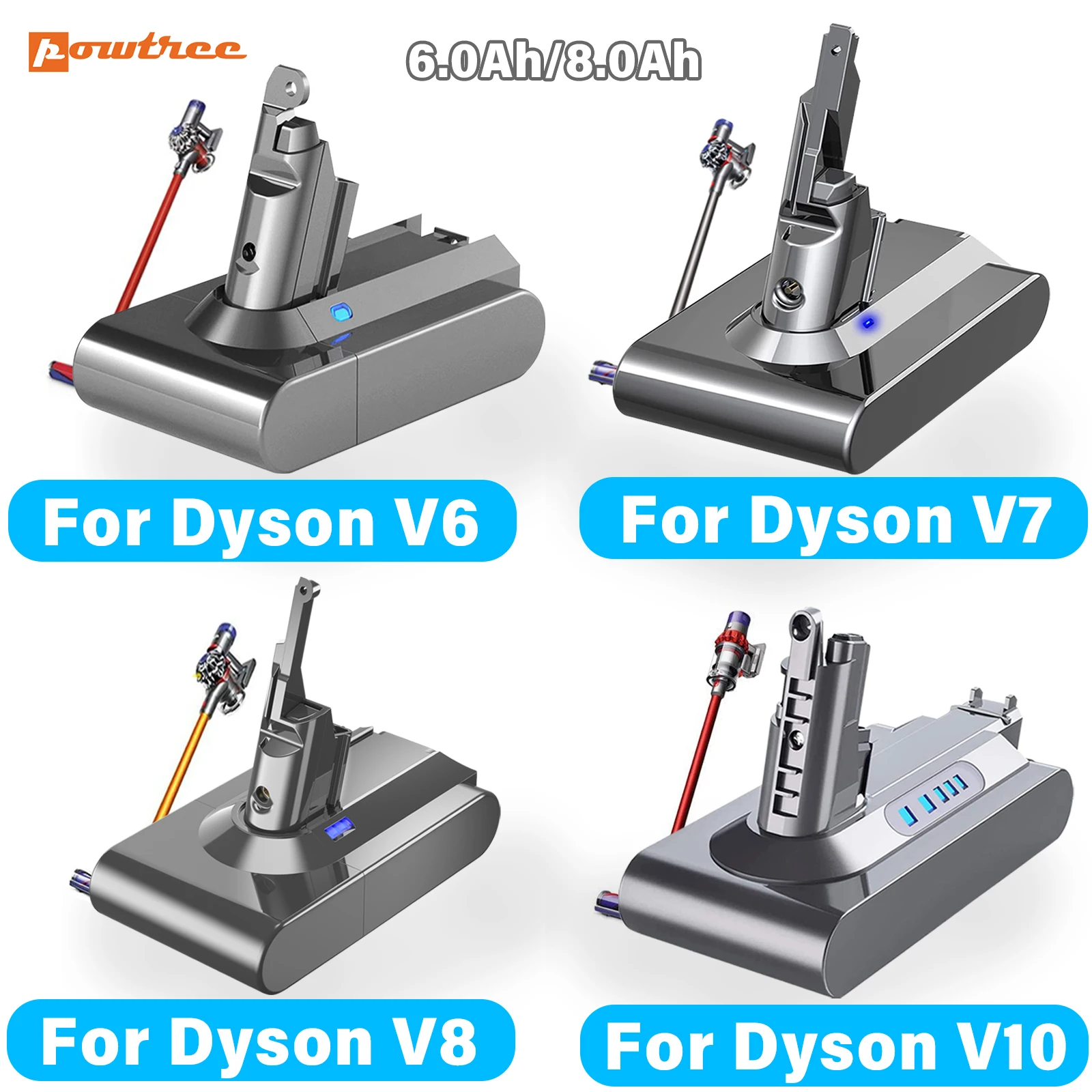 Powtree 6,0 Ah/8,0 Ah Ersatzakku für Dyson V6 V7 V8 V10 Serie SV12 DC62 SV11 SV10 Handstaubsauger Ersatzakku Image