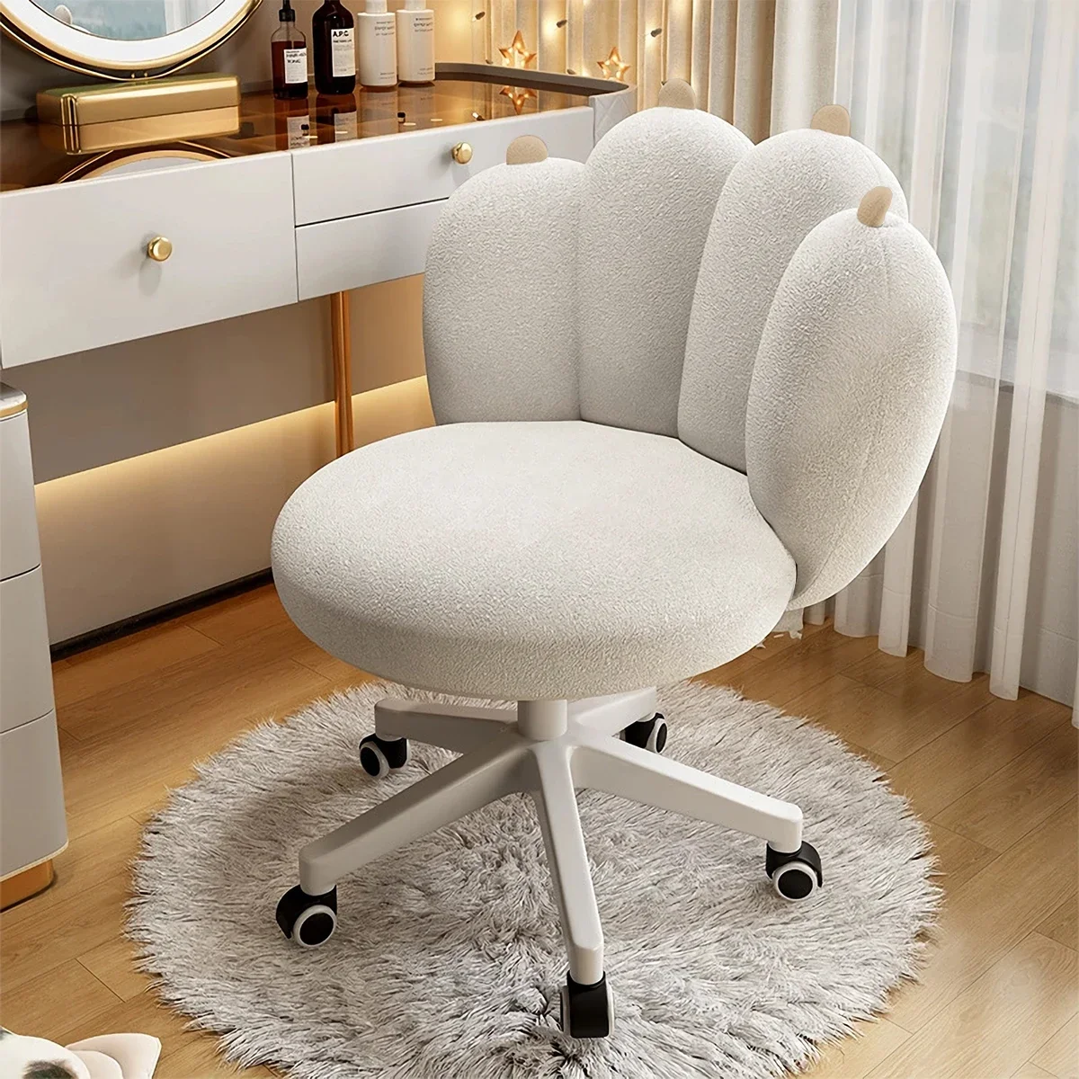 Bürostuhl, Home-Office-Stuhl, Modernes süßes Muschel-Katzenkrallen-Design mit Rollen, Verstellbarer Dreh-Arbeitsstuhl, Bequemer Schminkstuhl für Mädchen und Frauen im Schlafzimmer